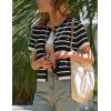 imageOmoone Womens Striped Cardigan Sweater Short Sleeve Lightweight Summer Button Down Cropped Knit TopsBlack White