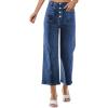 imageOmoone Wide Leg Jeans for Women High Waisted Stretchy Straight Leg Cropped Denim Pants Buttoned Baggy with Patch PocketsDarkblue