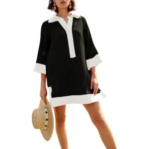 imageOmoone 2025 Swimsuit Coverup for Women Color Block Summer Beach Dresses V Neck Mini Linen Dress Shirts with PocketsBlack