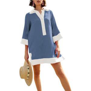 imageOmoone 2025 Swimsuit Coverup for Women Color Block Summer Beach Dresses V Neck Mini Linen Dress Shirts with PocketsBlue Grey