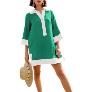 imageOmoone 2025 Swimsuit Coverup for Women Color Block Summer Beach Dresses V Neck Mini Linen Dress Shirts with PocketsGreen