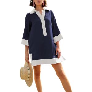 imageOmoone 2025 Swimsuit Coverup for Women Color Block Summer Beach Dresses V Neck Mini Linen Dress Shirts with PocketsNavy