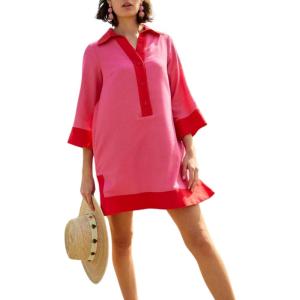 imageOmoone 2025 Swimsuit Coverup for Women Color Block Summer Beach Dresses V Neck Mini Linen Dress Shirts with PocketsRed