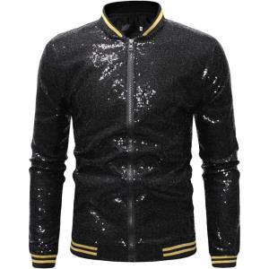 imageOmoone Mens Zip Up Mermaid Sequin Lightweight Shiny Clubwear Bomber JacketBlack