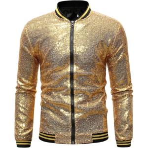 imageOmoone Mens Zip Up Mermaid Sequin Lightweight Shiny Clubwear Bomber JacketGold