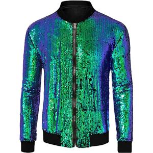 imageOmoone Mens Zip Up Mermaid Sequin Lightweight Shiny Clubwear Bomber JacketGreen