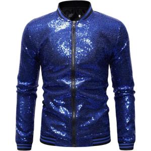 imageOmoone Mens Zip Up Mermaid Sequin Lightweight Shiny Clubwear Bomber JacketRoyal Blue