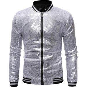 imageOmoone Mens Zip Up Mermaid Sequin Lightweight Shiny Clubwear Bomber JacketSilver