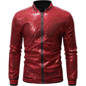 imageOmoone Mens Zip Up Mermaid Sequin Lightweight Shiny Clubwear Bomber JacketWine Red