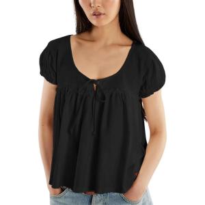imageOmoone Summer Tie Front Babydoll Tops for Women Casual Cap Sleeve Pleated Tee Shirts Loose Going Out Flowy Tank TopsBlack