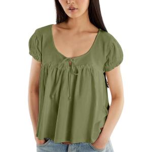 imageOmoone Summer Tie Front Babydoll Tops for Women Casual Cap Sleeve Pleated Tee Shirts Loose Going Out Flowy Tank TopsGreen