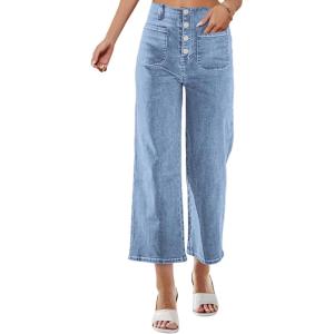 imageOmoone Wide Leg Jeans for Women High Waisted Stretchy Straight Leg Cropped Denim Pants Buttoned Baggy with Patch PocketsBlue