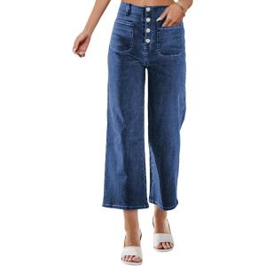 imageOmoone Wide Leg Jeans for Women High Waisted Stretchy Straight Leg Cropped Denim Pants Buttoned Baggy with Patch PocketsDarkblue