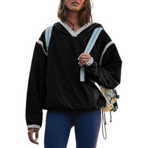 imageOmoone Womens Casual Hoodie Long Sleeve Cropped Lightweight Pullover Fall Sweatshirt Track JacketsBlack