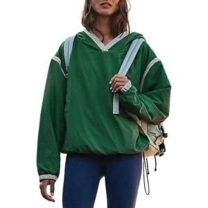 imageOmoone Womens Casual Hoodie Long Sleeve Cropped Lightweight Pullover Fall Sweatshirt Track JacketsGreen