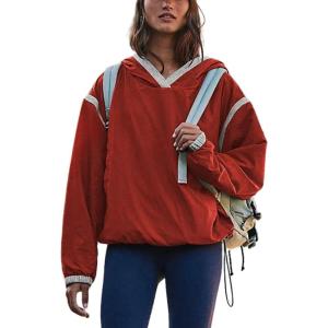 imageOmoone Womens Casual Hoodie Long Sleeve Cropped Lightweight Pullover Fall Sweatshirt Track JacketsRed