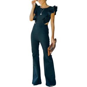 imageOmoone Womens Flared Denim Overalls Jumpsuit Ruffle Sleeves Backless Stretchy Blue Jean RomperBlack