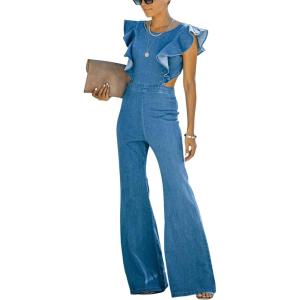 imageOmoone Womens Flared Denim Overalls Jumpsuit Ruffle Sleeves Backless Stretchy Blue Jean RomperBlue