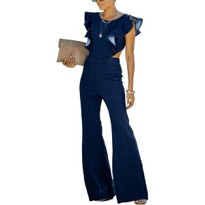 imageOmoone Womens Flared Denim Overalls Jumpsuit Ruffle Sleeves Backless Stretchy Blue Jean RomperDark Blue