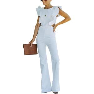 imageOmoone Womens Flared Denim Overalls Jumpsuit Ruffle Sleeves Backless Stretchy Blue Jean RomperWhite