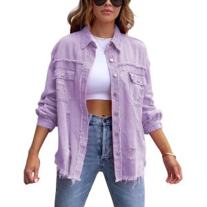 imageOmoone Womens Ripped Distressed Denim Jacket Casual Long Sleeve Boyfriend Jean Coat Basic Trucker JacketsPurple