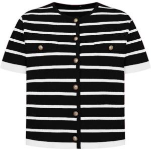 imageOmoone Womens Striped Cardigan Sweater Short Sleeve Lightweight Summer Button Down Cropped Knit TopsBlack White