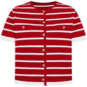 imageOmoone Womens Striped Cardigan Sweater Short Sleeve Lightweight Summer Button Down Cropped Knit TopsRed White