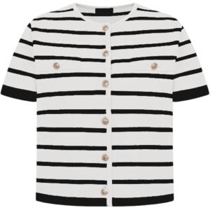 imageOmoone Womens Striped Cardigan Sweater Short Sleeve Lightweight Summer Button Down Cropped Knit TopsWhite Black