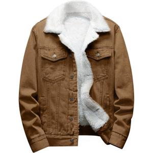 imageOmoone Mens Lapel Sherpa Fleece Lined Thicken Denim Jean Trucker Jacket CoatsBrown