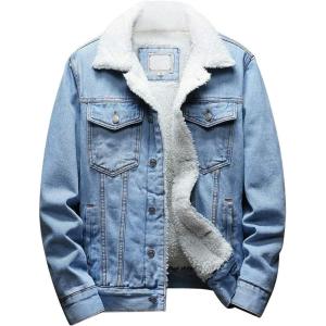 imageOmoone Mens Lapel Sherpa Fleece Lined Thicken Denim Jean Trucker Jacket CoatsDenim Blue Fleece White