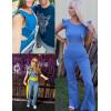 imageOmoone Womens Flared Denim Overalls Jumpsuit Ruffle Sleeves Backless Stretchy Blue Jean RomperBlue