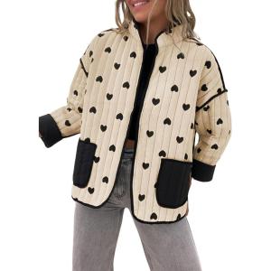 imageOmoone Womens Cropped Quilted Jacket Floral Printed LightWeight Padded Puffer Cardigan Coat OutwearApricot