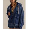 imageOmoone Womens Denim Pullover Jacket Oversized Half Zip Hoodie Jean Top Sweatshirt with PocketsDarkblue