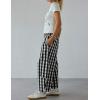 imageOmoone Womens Plaid Wide Leg Pants Gingham Print Crop Baggy Barrel Pants High Waist Cotton Carpenter Trousers with PocketsBlack