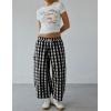 imageOmoone Womens Plaid Wide Leg Pants Gingham Print Crop Baggy Barrel Pants High Waist Cotton Carpenter Trousers with PocketsBlack