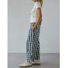imageOmoone Womens Plaid Wide Leg Pants Gingham Print Crop Baggy Barrel Pants High Waist Cotton Carpenter Trousers with PocketsBlue