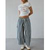 imageOmoone Womens Plaid Wide Leg Pants Gingham Print Crop Baggy Barrel Pants High Waist Cotton Carpenter Trousers with PocketsBlue