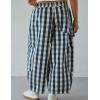 imageOmoone Womens Plaid Wide Leg Pants Gingham Print Crop Baggy Barrel Pants High Waist Cotton Carpenter Trousers with PocketsBlue