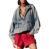 imageOmoone Womens Denim Pullover Jacket Oversized Half Zip Hoodie Jean Top Sweatshirt with PocketsLightblue