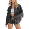 imageOmoone Womens Oversized Denim Fringed Jacket Tassel Jean Jackets Fall Outfits 2025 with PocketsGrey