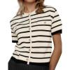 imageOmoone Womens Striped Cardigan Sweater Short Sleeve Lightweight Summer Button Down Cropped Knit TopsApricot