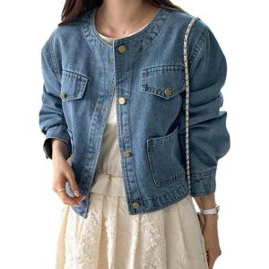 imageOmoone Womens Denim Jacket Long Sleeve Crop Button Down Jean Coat with PocketDenimblue