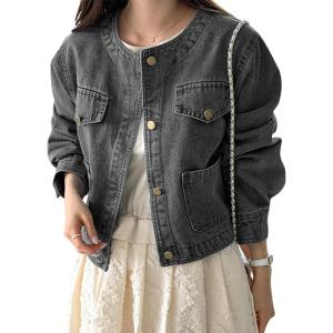 imageOmoone Womens Denim Jacket Long Sleeve Crop Button Down Jean Coat with PocketGrey