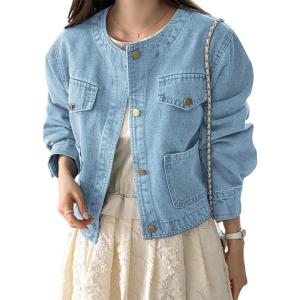 imageOmoone Womens Denim Jacket Long Sleeve Crop Button Down Jean Coat with PocketLightblue