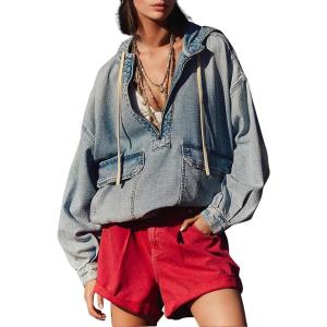 imageOmoone Womens Denim Pullover Jacket Oversized Half Zip Hoodie Jean Top Sweatshirt with PocketsLightblue