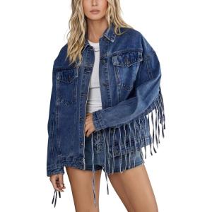 imageOmoone Womens Oversized Denim Fringed Jacket Tassel Jean Jackets Fall Outfits 2025 with PocketsDenimblue