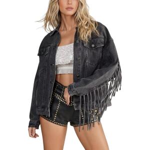 imageOmoone Womens Oversized Denim Fringed Jacket Tassel Jean Jackets Fall Outfits 2025 with PocketsGrey