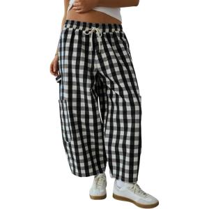 imageOmoone Womens Plaid Wide Leg Pants Gingham Print Crop Baggy Barrel Pants High Waist Cotton Carpenter Trousers with PocketsBlack