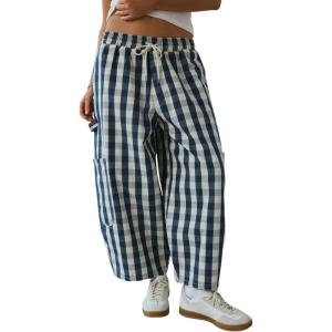 imageOmoone Womens Plaid Wide Leg Pants Gingham Print Crop Baggy Barrel Pants High Waist Cotton Carpenter Trousers with PocketsBlue