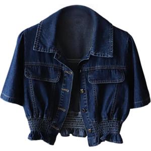 imageOmoone Womens Short Sleeve Denim Shirt Peplum Ruffle Hem Denim Crop Top Jackets Cowgirl OutfitsDarkblue